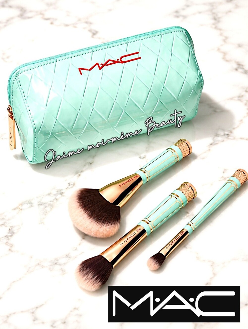 MAC Cosmetics Mint Green Gold Art Deco Style Makeup Brush Set & Quilted Pouch